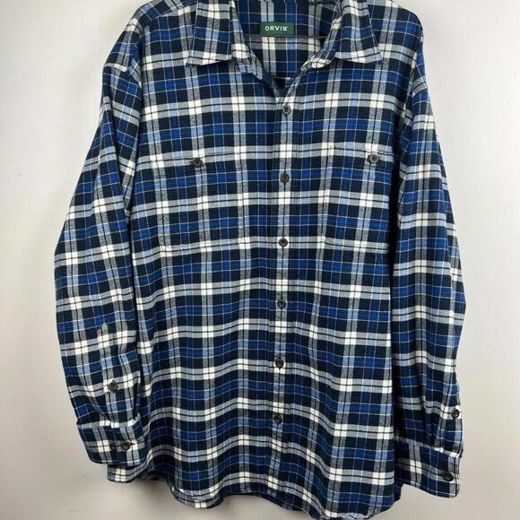 Orvis Flannel Shacket Mens 2XL Blue Plaid Button Up  Heavyweight Shirt - Picture 1 of 8